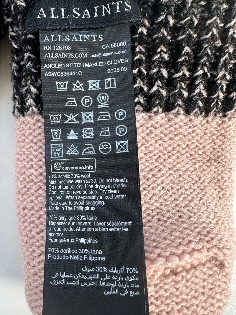 AllSaints Angled Stitch Marled Wool Blend Gloves Black Blush NWT